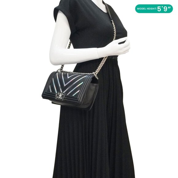 Chanel  Boy Flap Chevron Leather with Holographic PVC Crossbody Bag Black - Picture 2 of 16